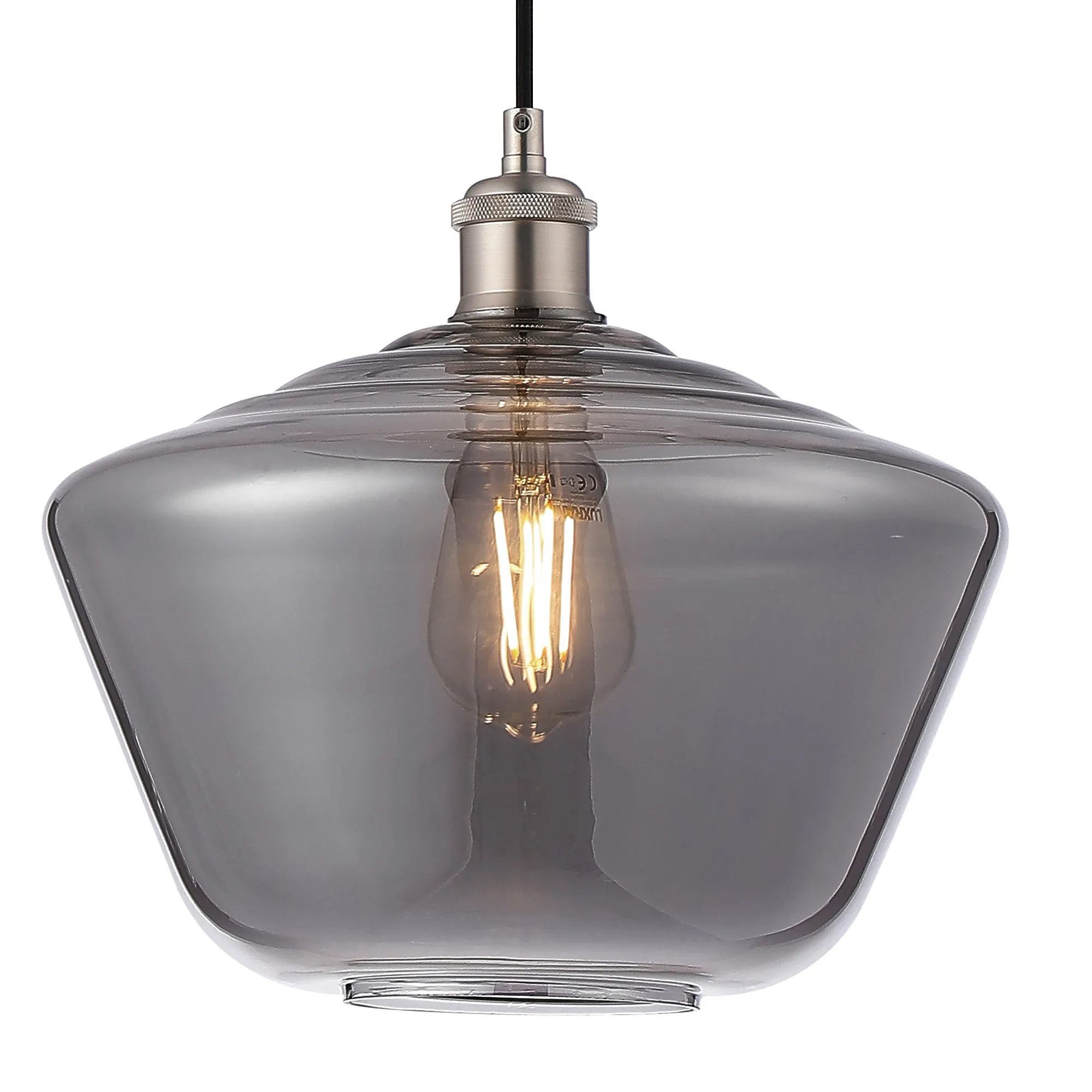 Cawdor Single Pendant, 1 Light E27, Satin Nickel/Black/Smoke Hexagonal Glass DK1140  Deco Cawdor
